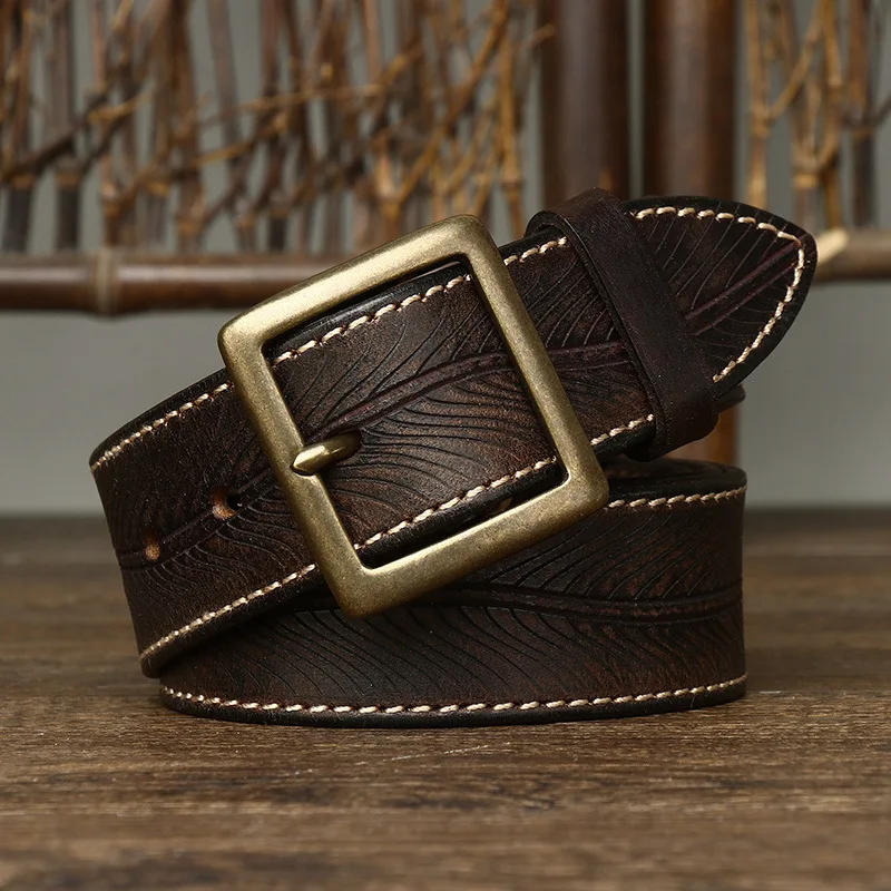 3.8CM Pure Cowhide High Quality Genuine Leather Belts for Men Carve Strap Male Brass Buckle Fancy Vintage Jeans Cowboy Cintos
