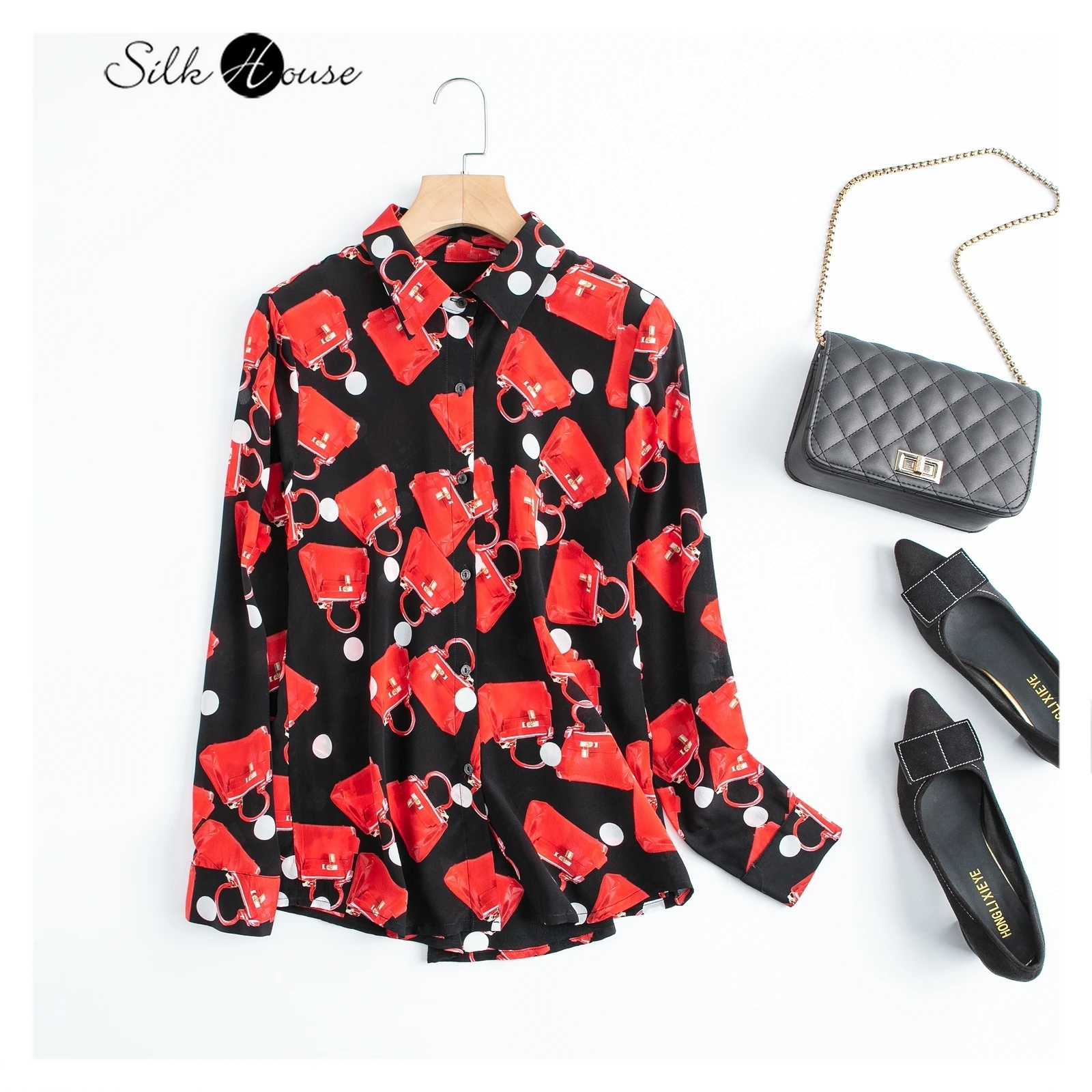 

Женская Офисная рубашка с длинным рукавом, рубашка из шелка крепдешина с отложным воротником и длинным рукавом, весна-лето 2022