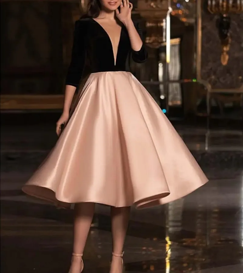 

Elegant Black/Pink Evening Dress 2022 V Neck Half Sleeve Tea Length Satin Prom Party Gowns Robe De Soiree Vestidos Festa