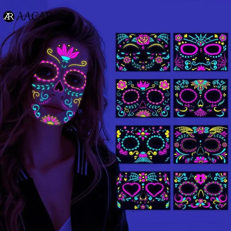 

1PC Halloween Face Tattoo Sticker Day of the Dead Funny Temporary Neon Face Sticker for Festival Masquerade Party Makeup