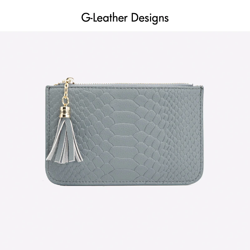 Mini Coin Purse Genuine Top Layer Leather for Women Zipper Fashion Card Bag Short Lady Wallet Key Case with Tassel Snake Pattern