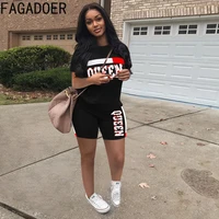 fagadoer fashion streetwear two piece sets women queen letter print patchwork tshirt and jogger shorts tracksuits summer outfits