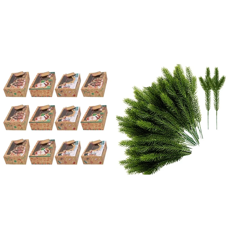 

30Pcs Artificial Pine Needles Green Plant,Fake Greenery Pine Picks & 12Pcs Kraft Paper Portable Christmas Gift Box