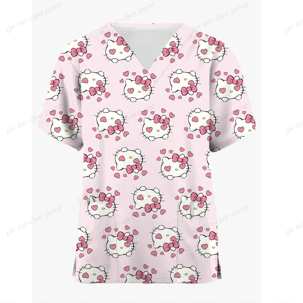 Hello Kitty Print Women Plus Size Scrubs Top Nursing Uniform Summer Short Sleeve V-neck Tops Female Care Workers Uniforme images - 6