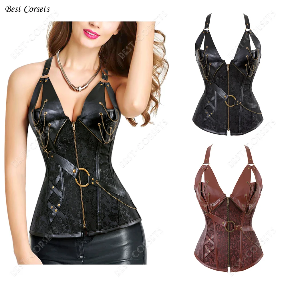 

Черный корсет, топ, женское Бюстье, готический корсет из искусственной кожи, халтер, топ, коричневый костюм в стиле панк, корсеты на молнии, сексуальные корсеты для женщин