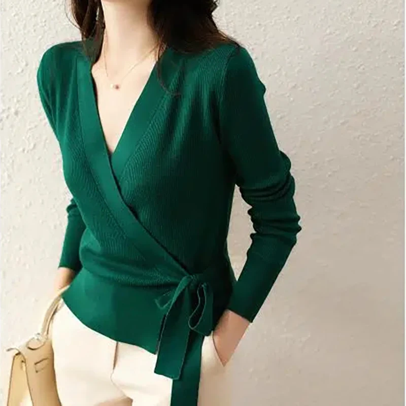 

Fashion V-neck Knitted Cardigan Women Elegant Spring Autumn Lace-up Sweater Wrap Tops Slim Temperament Crossover Tie Knitwears