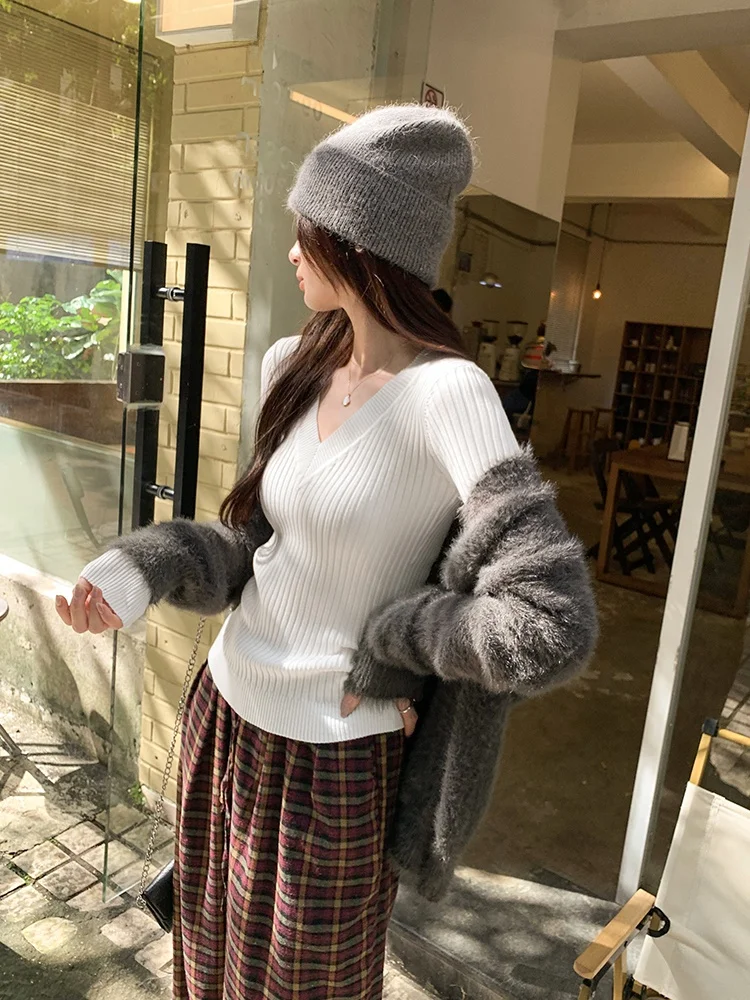 Корейская серия супер красивый V-образный вырез анти-полоска длинный рукав