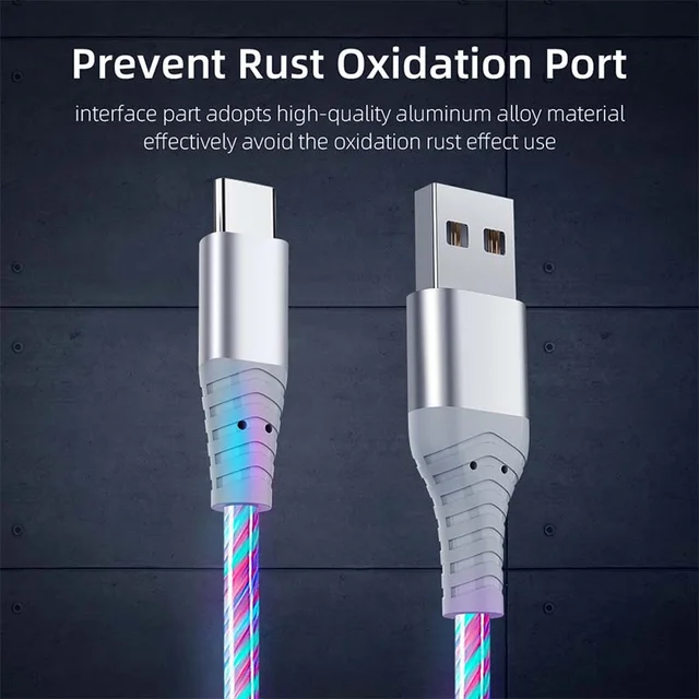 Flow Luminous USB Type C Cable 3A Fast Charging Data Cord for Samsung Xiaomi OPPO Huawei IPhone Charger Micro USB Wire LED Cable 2