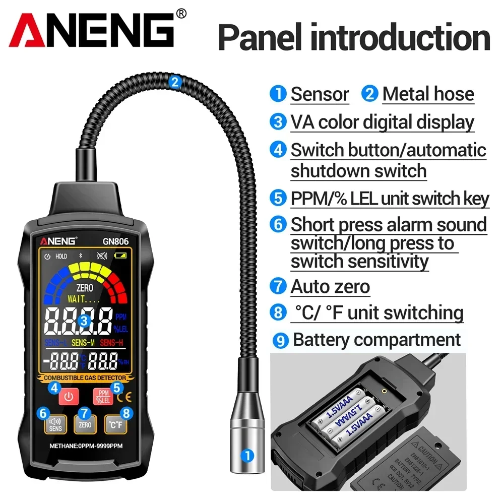 Фото Детектор горючих газов ANENG GN806, 0-9999PPM, 3 уровня чувствительности, регулируемая чувствительность, цветной VA-экран, звуковая сигнализация, для дома и промышленности №5