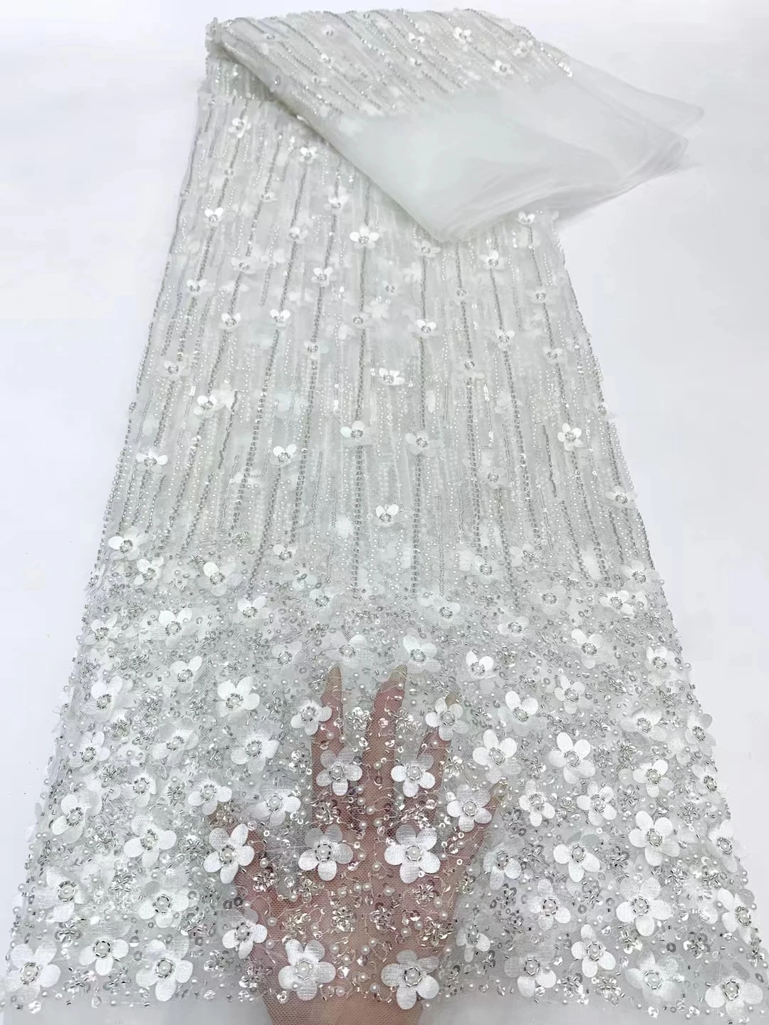 5 ярдов Африканский французский ручной работы 3D цветок с бусинами тюль кружево