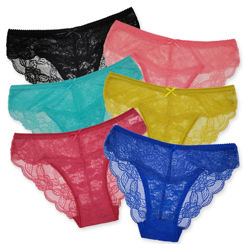

6Pcs/Lot Sexy Lace Panties Women Hollow Out Briefs Solid Color Ladies Underpants Female Transparent Underwear Panty Lingerie