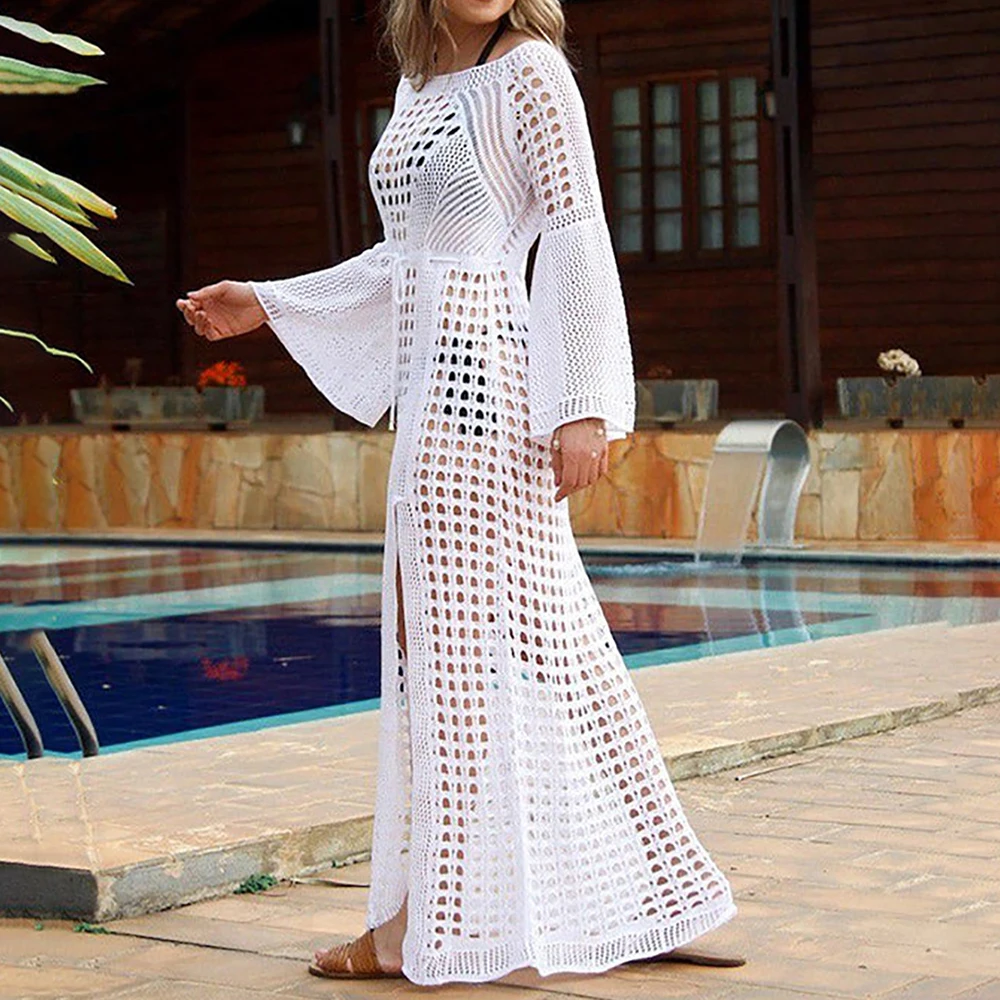 White Knitted Hollow Swimwear Cover Ups Crochet Dress Beach Outfits for Women One-pieces and Cutout Beachwear Clothes Swimsuit