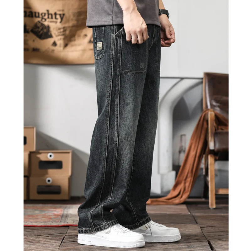 Streetwear Men 2022 New Pattern Vintage Recreational Blue Black Jeans Loose Straight Cylinder Broad  Leg Trousers Autumn Female