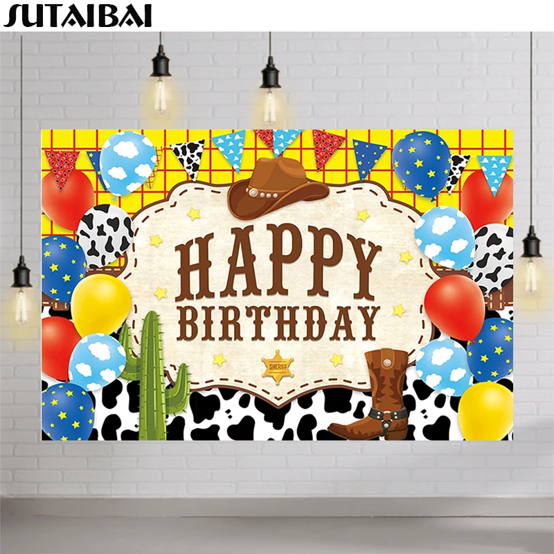Happy Birthday Party Backdrop Decoration for Boy West Cowgirl Cowboy Hat Riding Boots Photography Background Photo Booth Studio