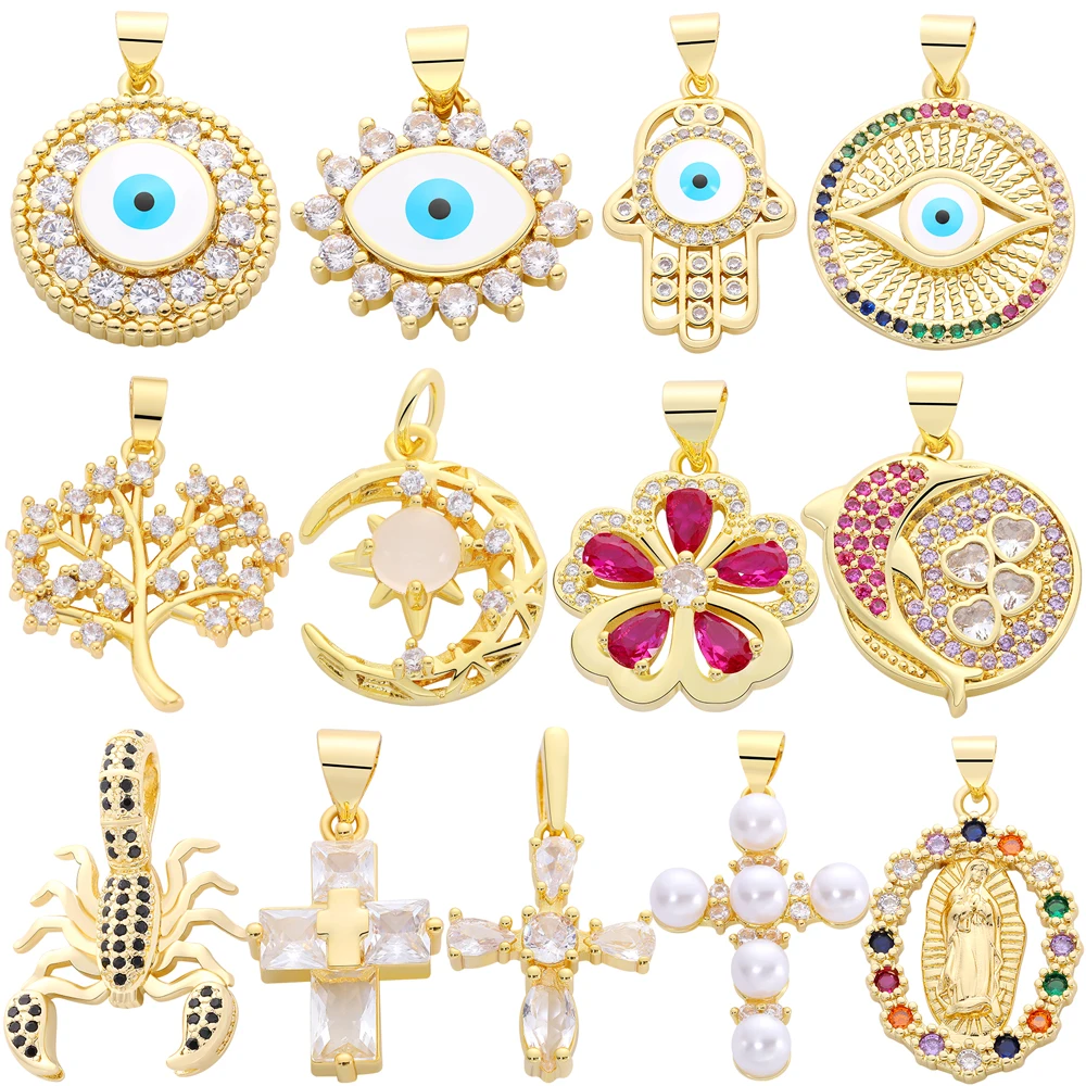 

Juya New Arrival 18K Gold Plated Tree Of Life Moon Star Lemon Dolphin Greek Evil Eye Saint Mary Christian Cross Charms Supplies