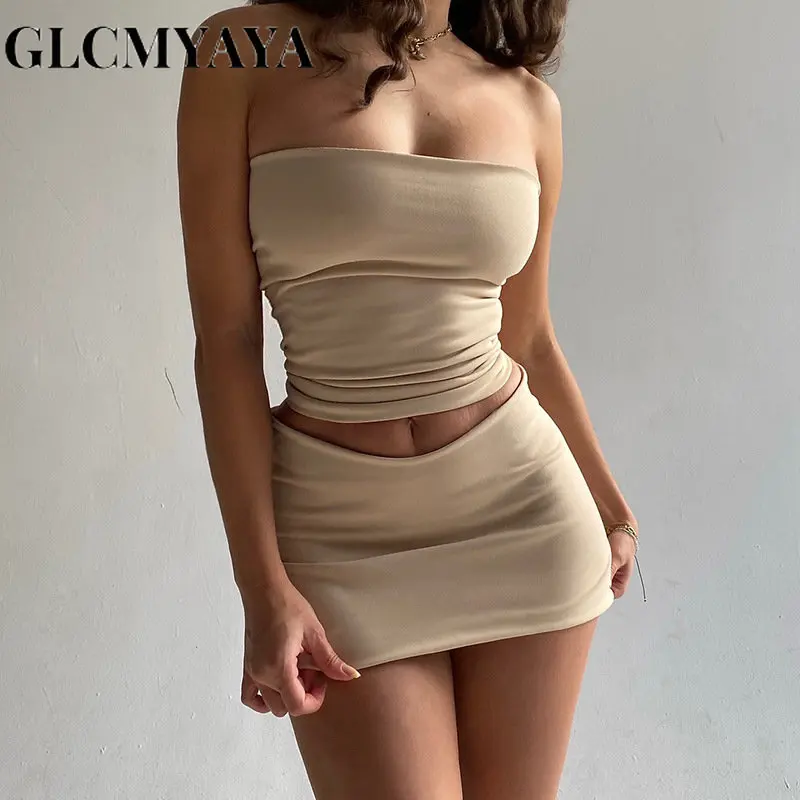 

GLCMYAYA Summer Fashion Women Strapless Sleeveless Slim Crop Tops Dress Sets 2023 INS Sexy Elastic Waist Mini Skirt 2 Piece Set