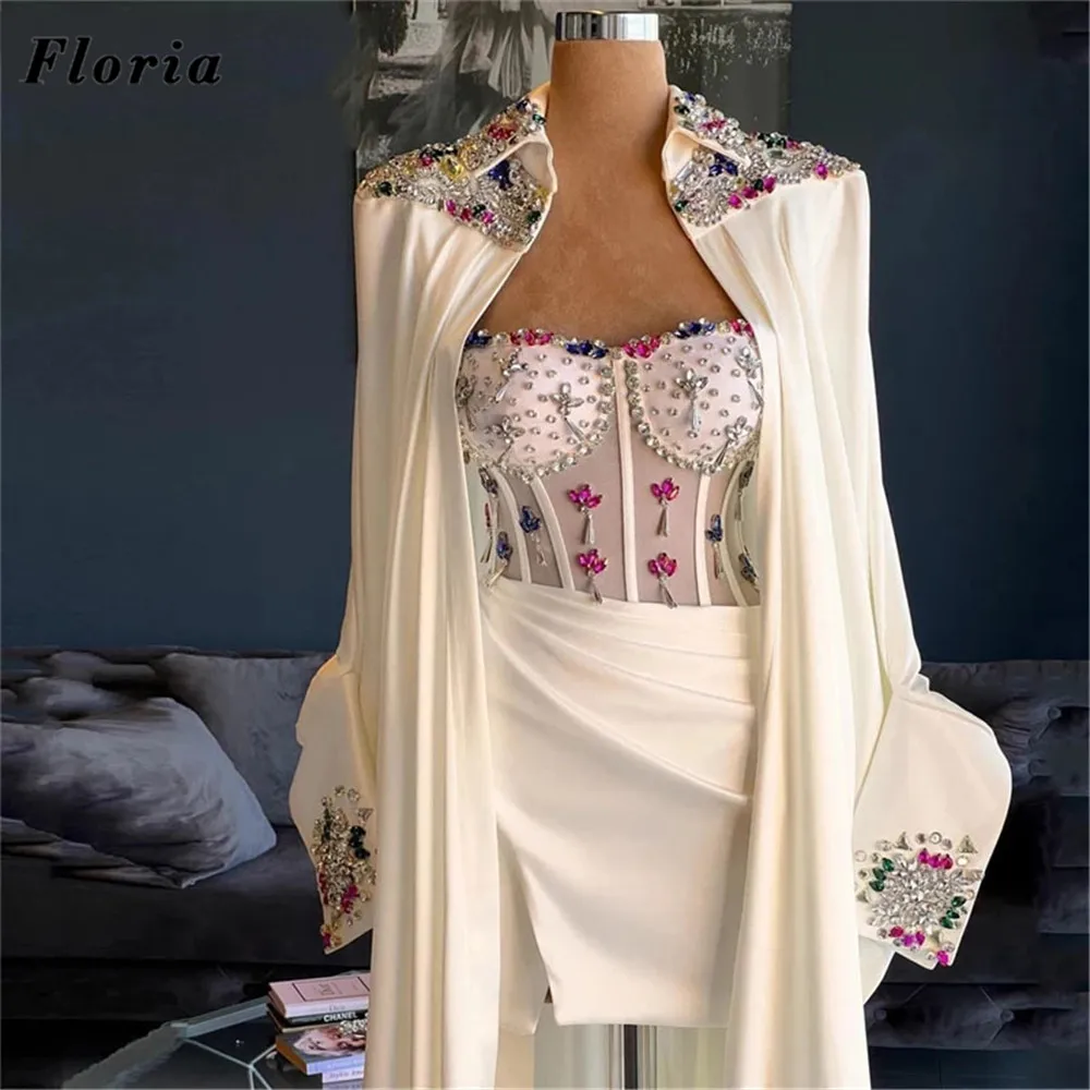 Floria Middle East Beaded Evening Dresses Robes De Soiree 2022 Ivory Two Pieces High Low Long Prom Dress Pageant Party Gowns