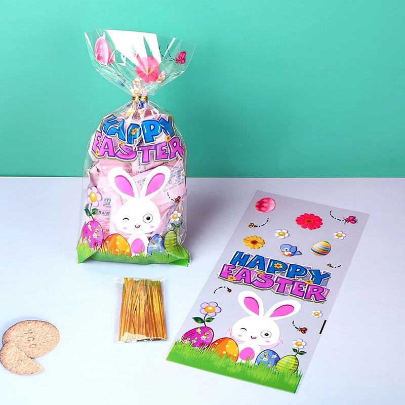 50Pcs Easter Gift Bags with Tie Wire Easter Candy Cookie Bags Cute Bunny Eggs Plastic Packaging Pouch Happy Easter Decorations