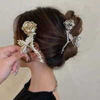 fashion personality rhinestone pearl rose leaf hair clip cool style back of head shark clip catch clip hair ornament woman