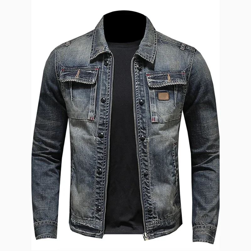 Осенняя мотоциклетная джинсовая куртка в Корейском стиле мужская приталенная