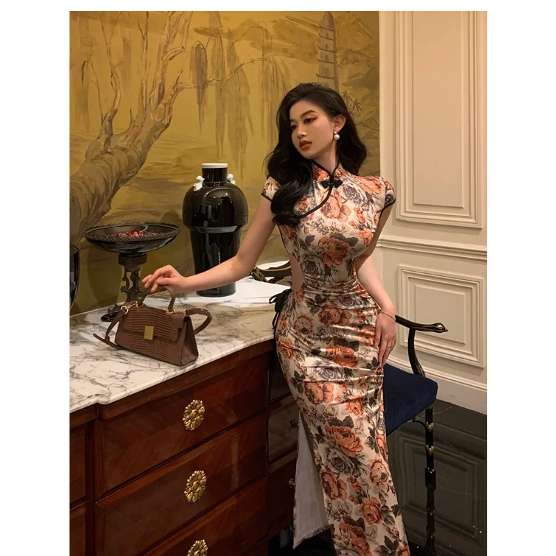 

2023 Summer retro waist hollow drawstring strap hip improved cheongsam dress