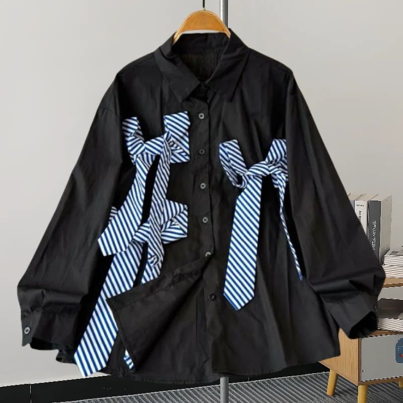 Женская черная свободная полосатая блузка из полиэстера