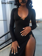 Hawshaw-vestido largo negro de manga larga para mujer...