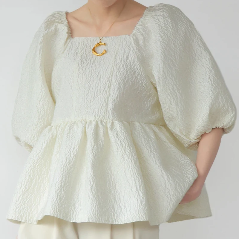 

Summer Blouse Women Square Collar Puff Sleeve Top Korean Fashion Simple Solid Loose Shirts Sweet Kawaii Clothes Blusas Mujer