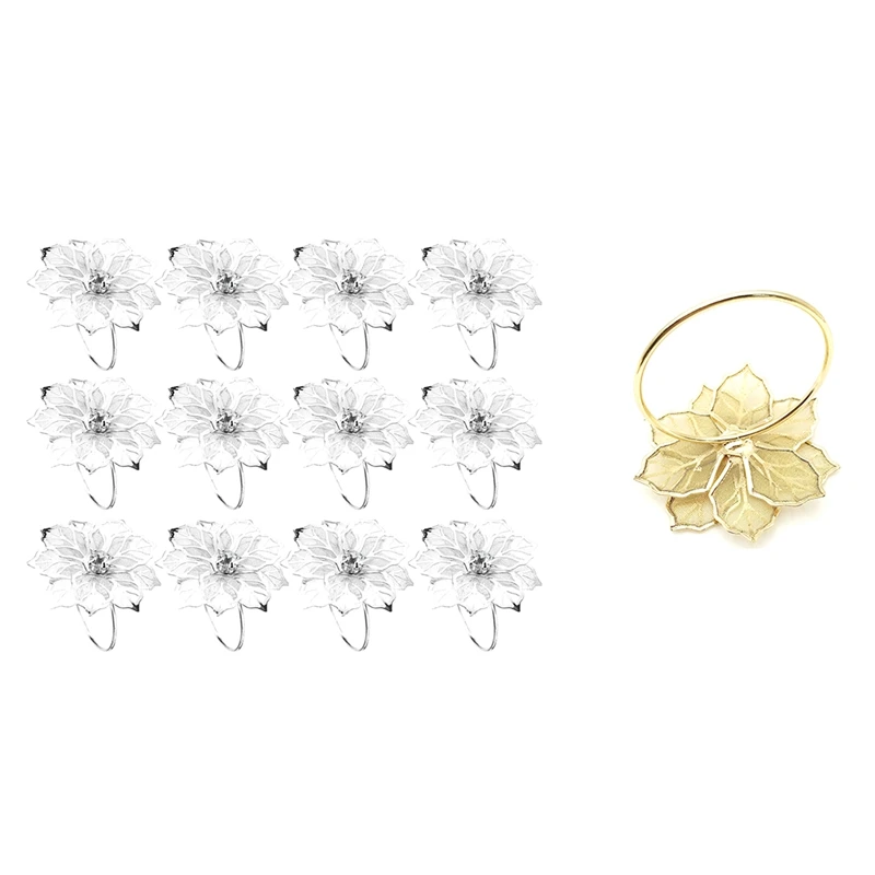 

10Pcs Flower Design Napkin Rings Metal Gold Napkin Buckle & 12 Pcs 3D Floral Metal Napkin Rings Holder
