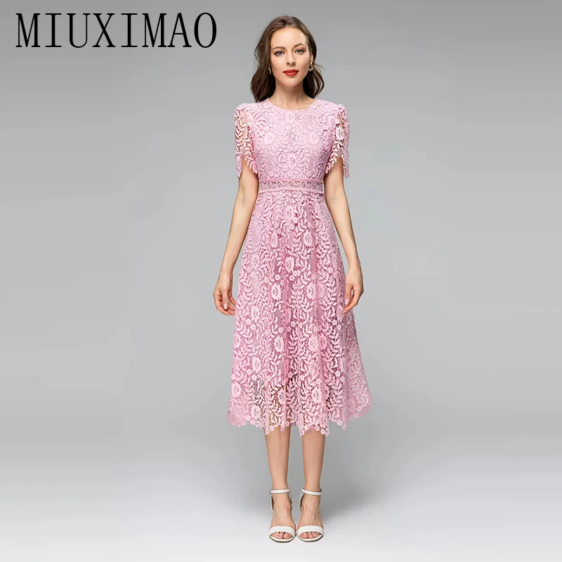 MIUXIMAO 2023 High Quality Spring&Summer Elegant Dress Short Sleeve O-Neck Solid Lace Print Fashion Long Dress Women Vestide