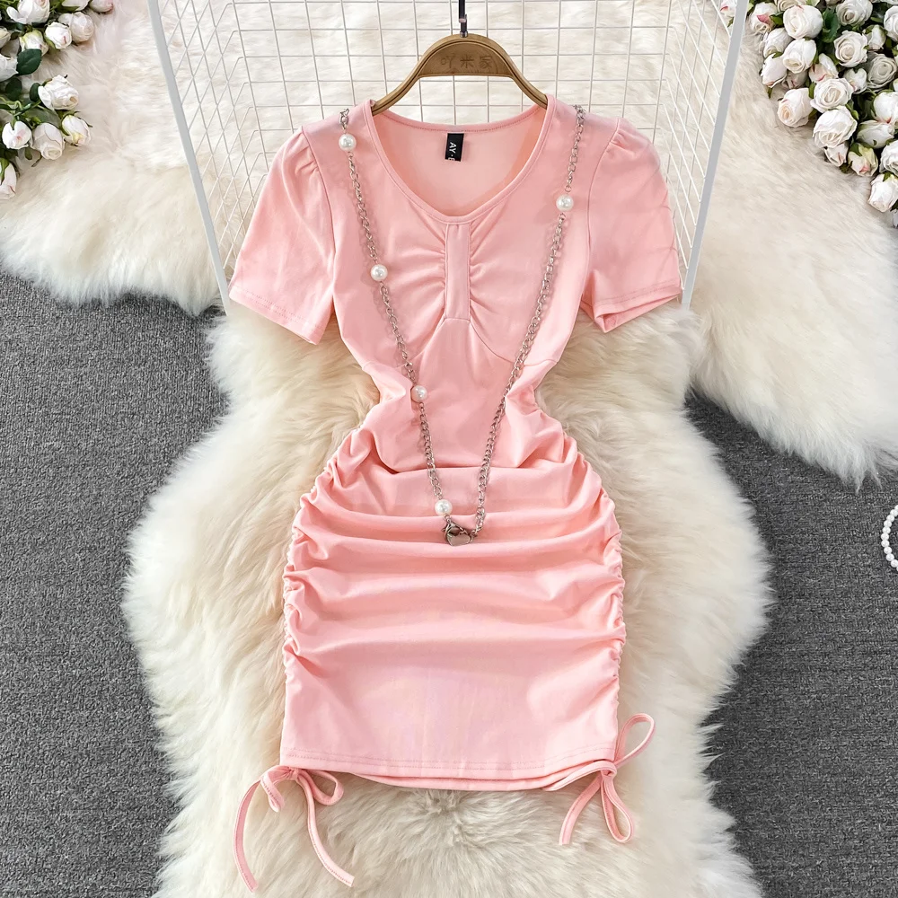 

2022 Summer Korean Fashion Sexy V-neck Pleated Short Dress Girls Bow Bubble Sleeve Dress Women Slim Bodycon Mini Wrap Dress