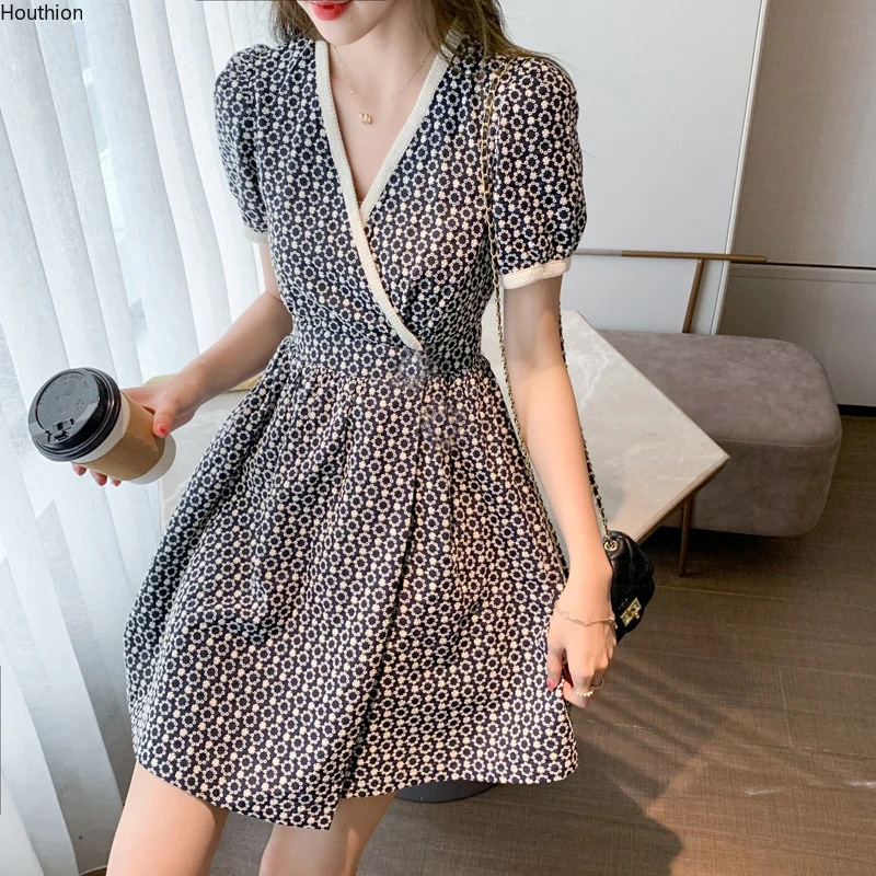 

Chiffon Loose Women's Clothing Mid-length Dress New Fashion Short Sleeve Printing V-neck Autumn