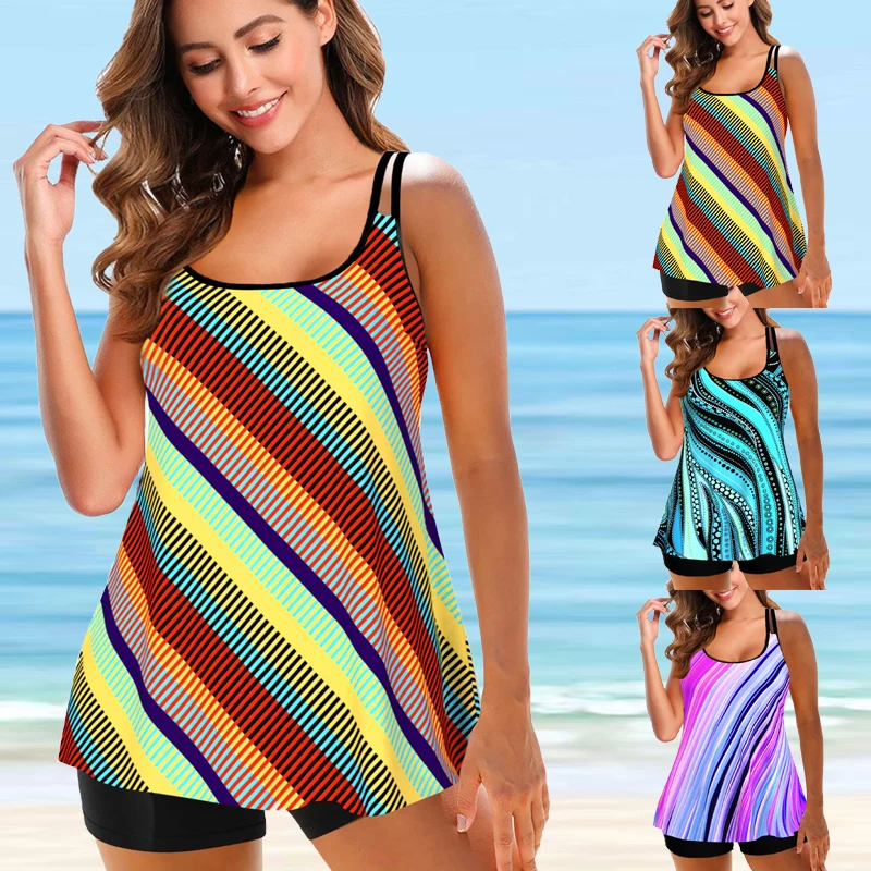 

2022 Women Stripe Rainbow Print Two Piece Tankini Swimwear Female Large Size Bikini Swimsuit Summer Vacation Beachwear XS-6XL