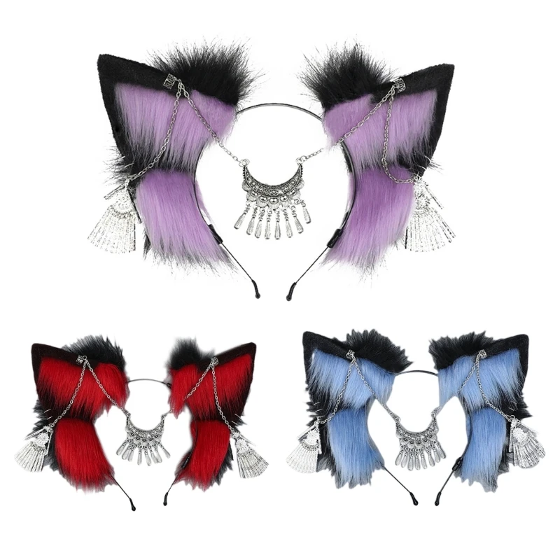 

Students Cat Foxes Ear Headband with Forehead Chain Decors Carnivals Hair Decors NEW