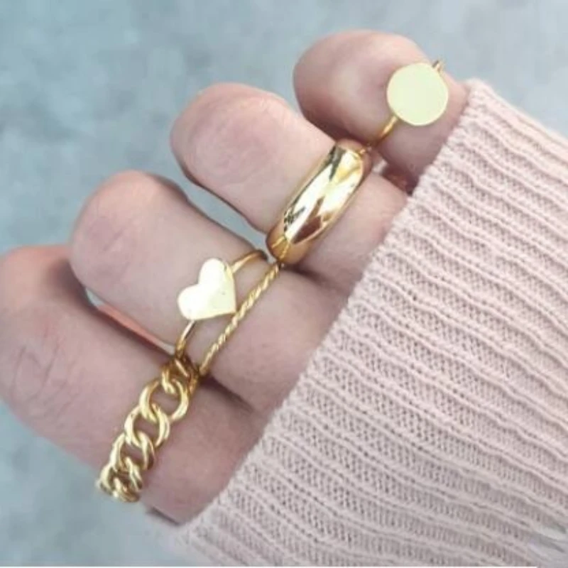 

5ps Women's Ring Fashion Chain Ring Geometric Love Gold Knuckle Ring Set Free Shipping 2022 Trendy Jewel