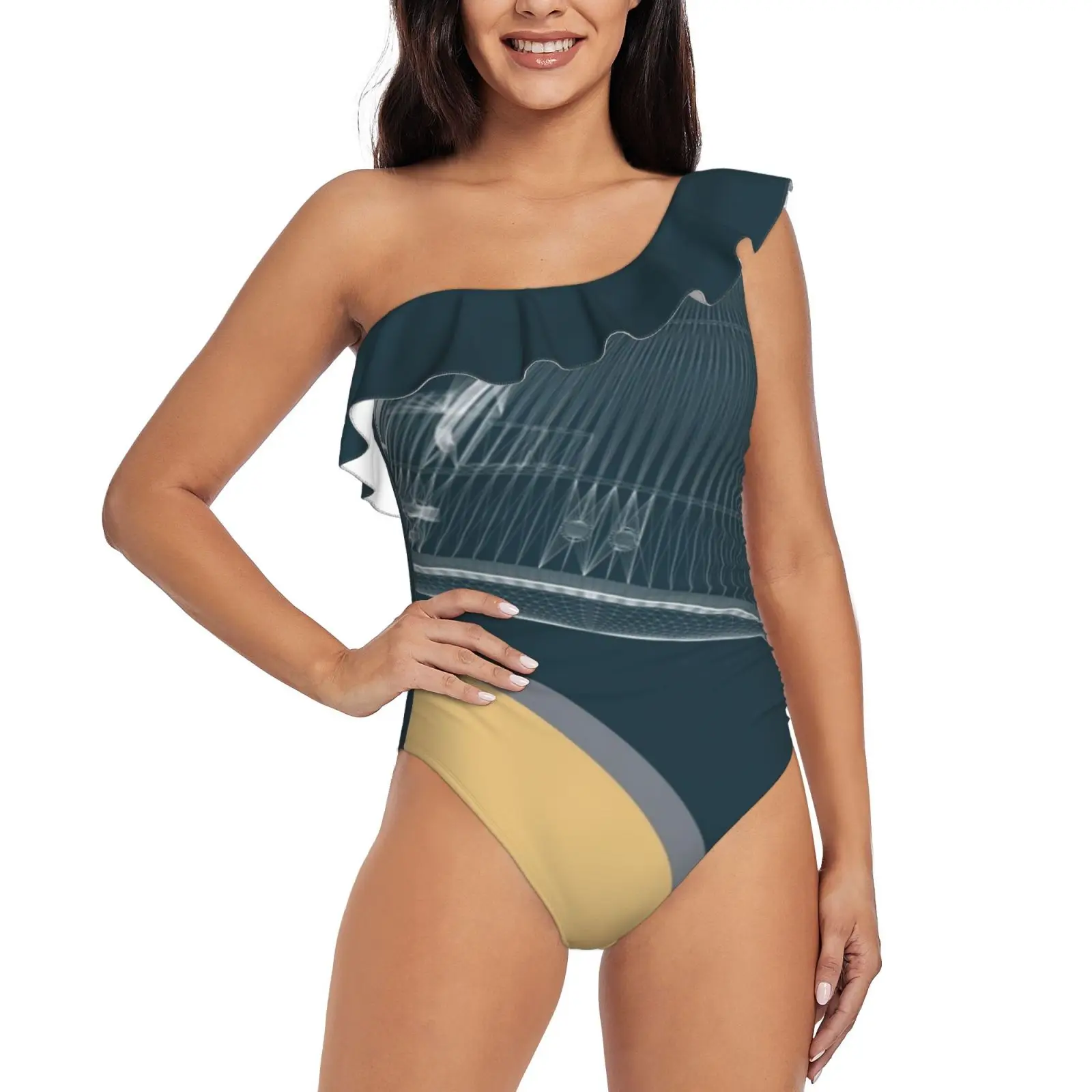 Apollo 11 Landing Module One Shoulder Ruffle Swimsuit One-Piece Beach Bathing Suit Print Sexy Women Swimsuit Space Spaceship