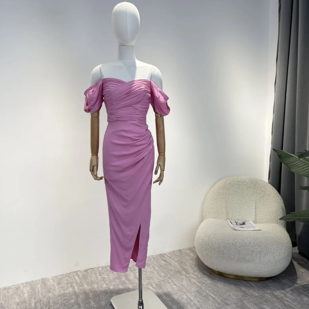 

Pink Asymmetric Bodycon Midi Dress for Women Latest 2023 Spring Top Quality Square Collar Elegant Lady Clothing