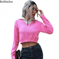 kohuijoo zipper turn down collar contrast color short oversized sweater women loose long sleeve knitted sweaters fashion tops