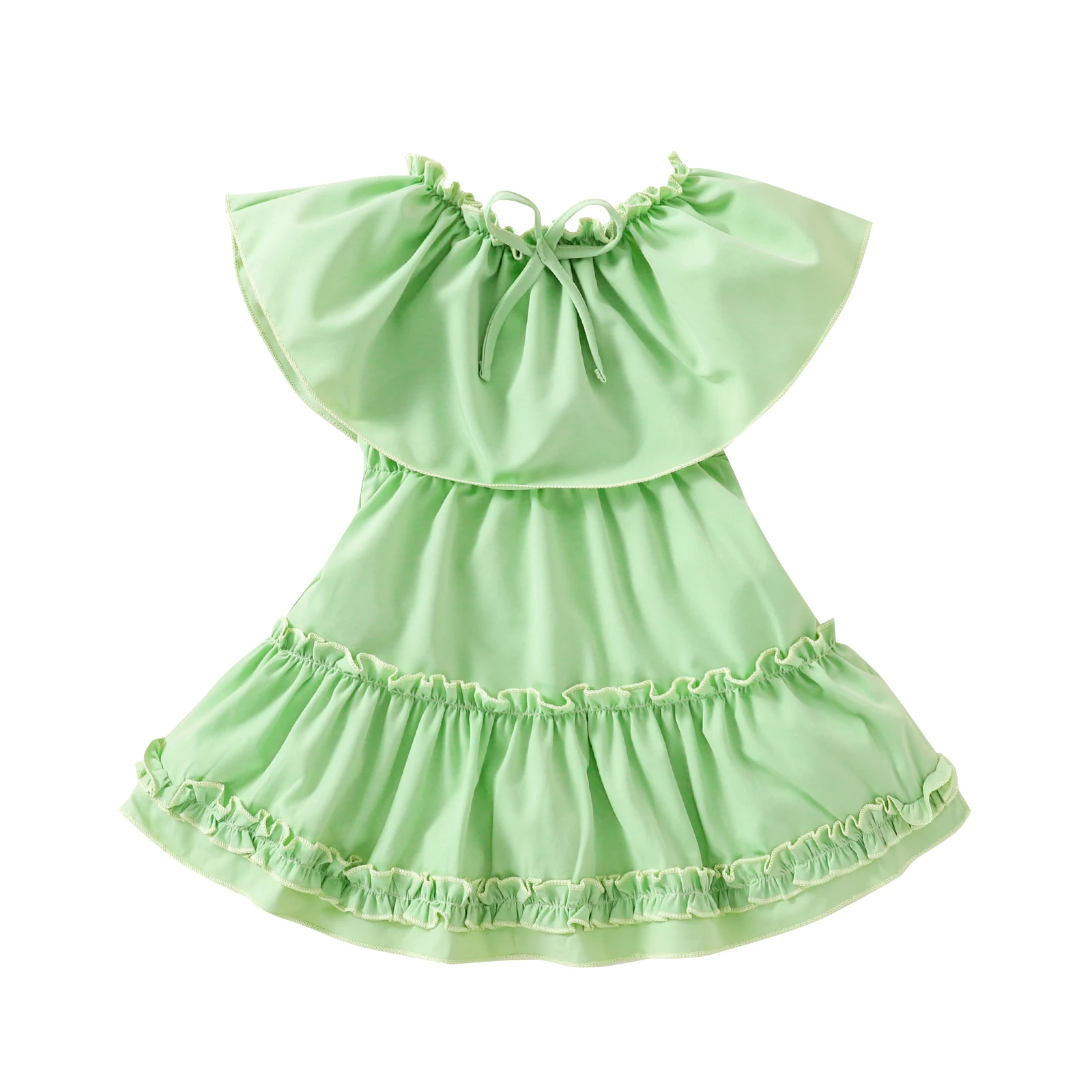 Детское платье с открытыми плечами однотонное вырезом лодочкой и бантом без