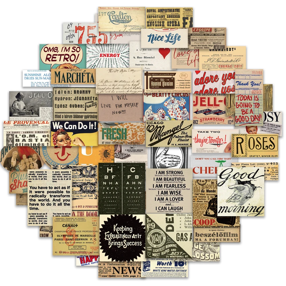

10/25/58PCS Vintage English Slogan Retro Newspaper Stickers Decals Diary Suitcase Scrapbook Phone Laptop Bike Sticker