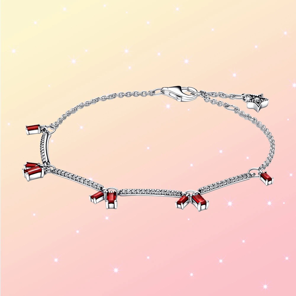 

925 Silver Sparkling Pavé Red Bars Bracelet Fit for Pandora Fashion Banquet Making Exquisite DIY Ladies Jewelry Gifts