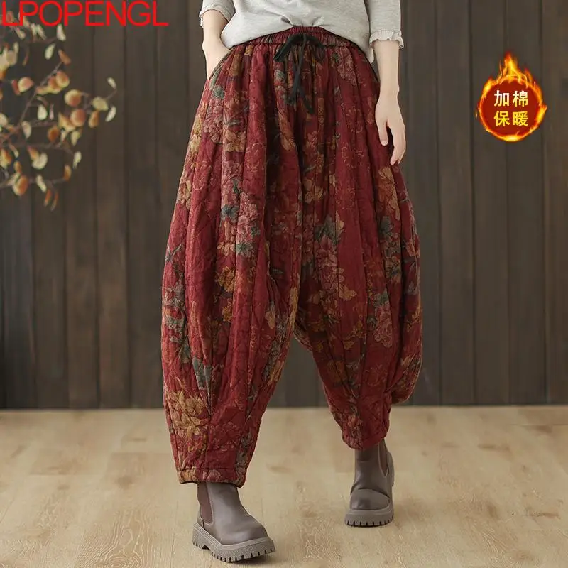 Хлопковые льняные брюки в этническом стиле с принтом ретро женские осенние и