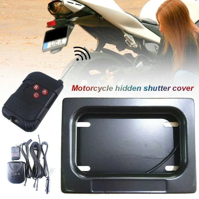 Motorcycle Electric License Plate Frame Hide-away Shutter Cover Electric USA License Plate Frame Set with Camera for Motorbike enlarge
