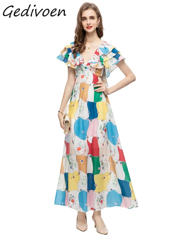 

Gedivoen Summer Fashion Runway Vintage Long Dress Women's V-Neck Ruffles Backless Frenulum High Waist Color Block Print Dress