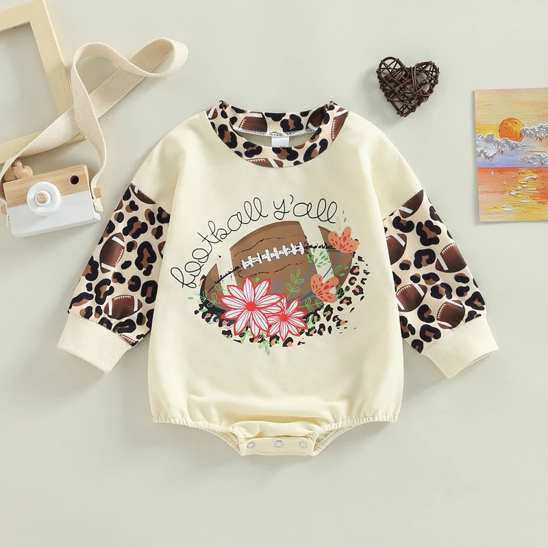 

baby girls clothes for 12 to 18 months Girls Jumpsuits Rugby Letters Leopard Print Long Sleeves Romper Bodysuits for infants