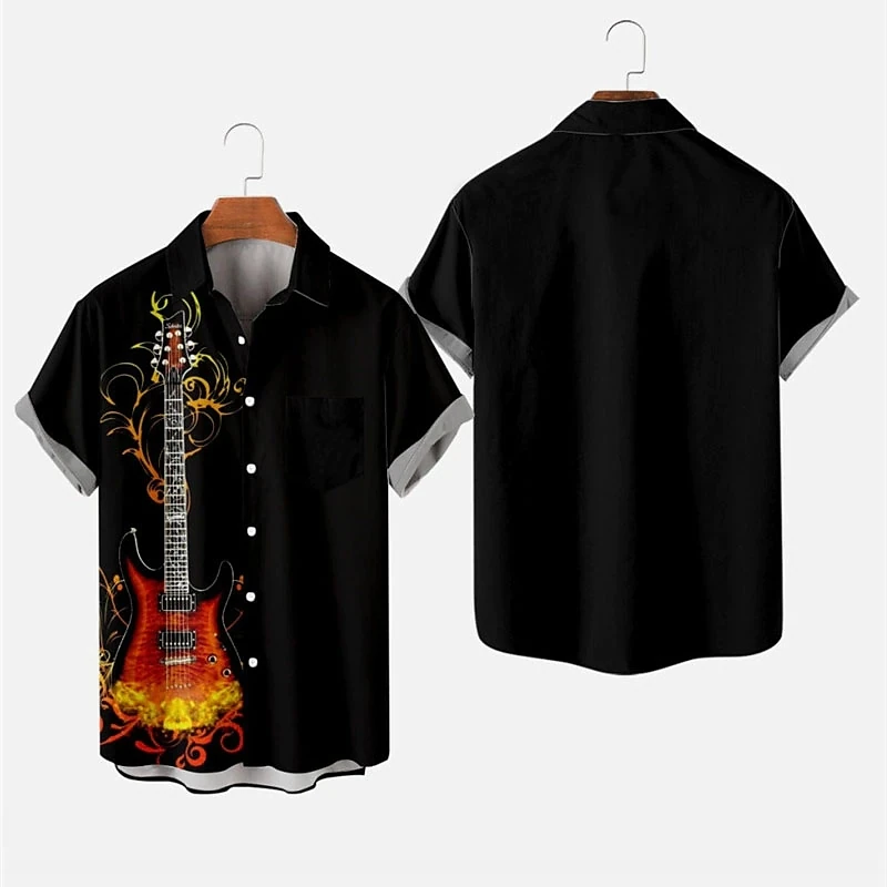 

Men's Shirt Summer Hawaiian Shirt Graphic Prints Flame Guitar Turndown Outdoor Street Short Sleeves Apparel Tropical