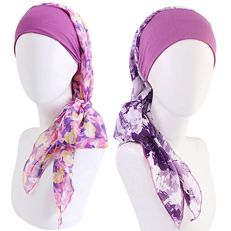 

Muslim Inner Hijab Turban Women Flower Pre-tied Long Tail Headscarf Wrap Chemo Cap Beanies Bonnet Head Scarf Stretch Headwear