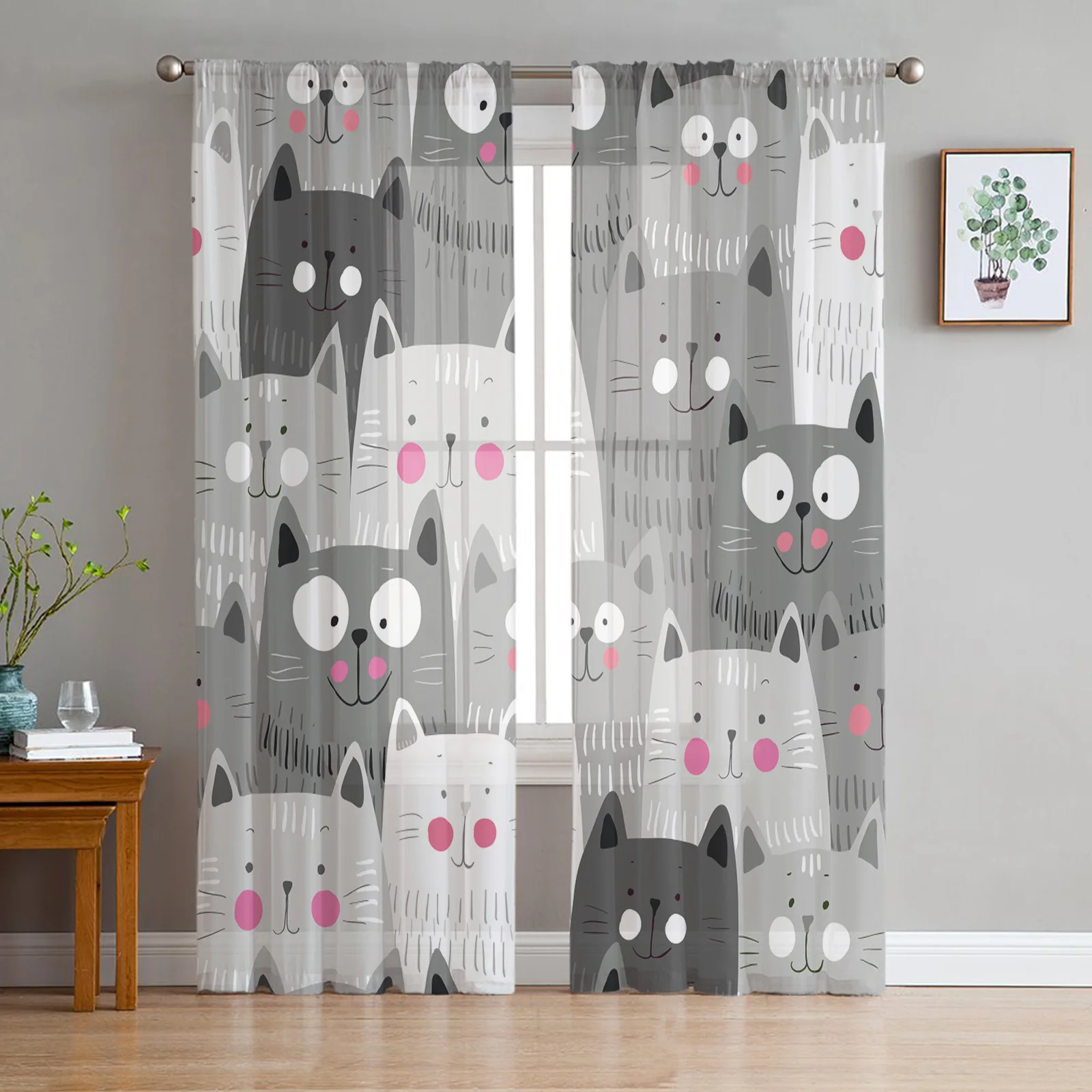 

Cartoon Grey Cat Tulle Sheer Curtains for Living Room Decoration Curtains for the Room Bedroom Kitchen Voile Organza Curtains