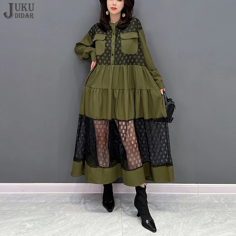 

Organza Patchwork New Autumn Woman Long Sleeve Green Blue Casual Shirt Dress Pocket Polka Dots Chic Loose Big Size Robe JJXD257