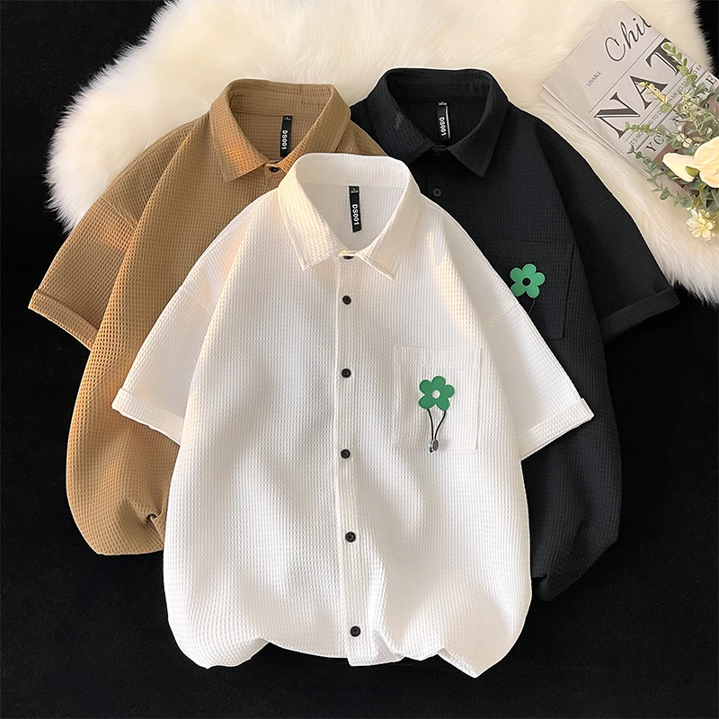 Рубашка Y105 мужская с коротким рукавом, Повседневная блузка свободного покроя, однотонная уличная одежда, лето 2023